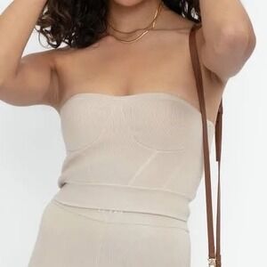 RTA NWT Nour Logo Stretch Tube Bustier Crop Top Sz 6 Nude Beige Parchment $250